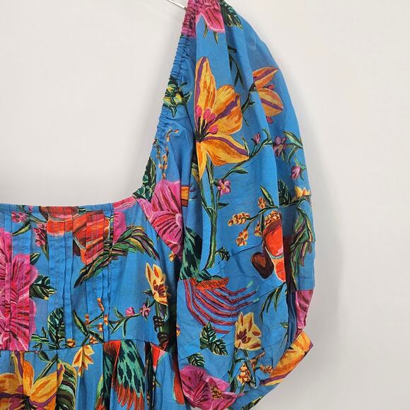 Farm Rio Toucans Garden Blue Floral Puff Sleeve Open Back Midi Dress XS‎ - Picture 5 of 14